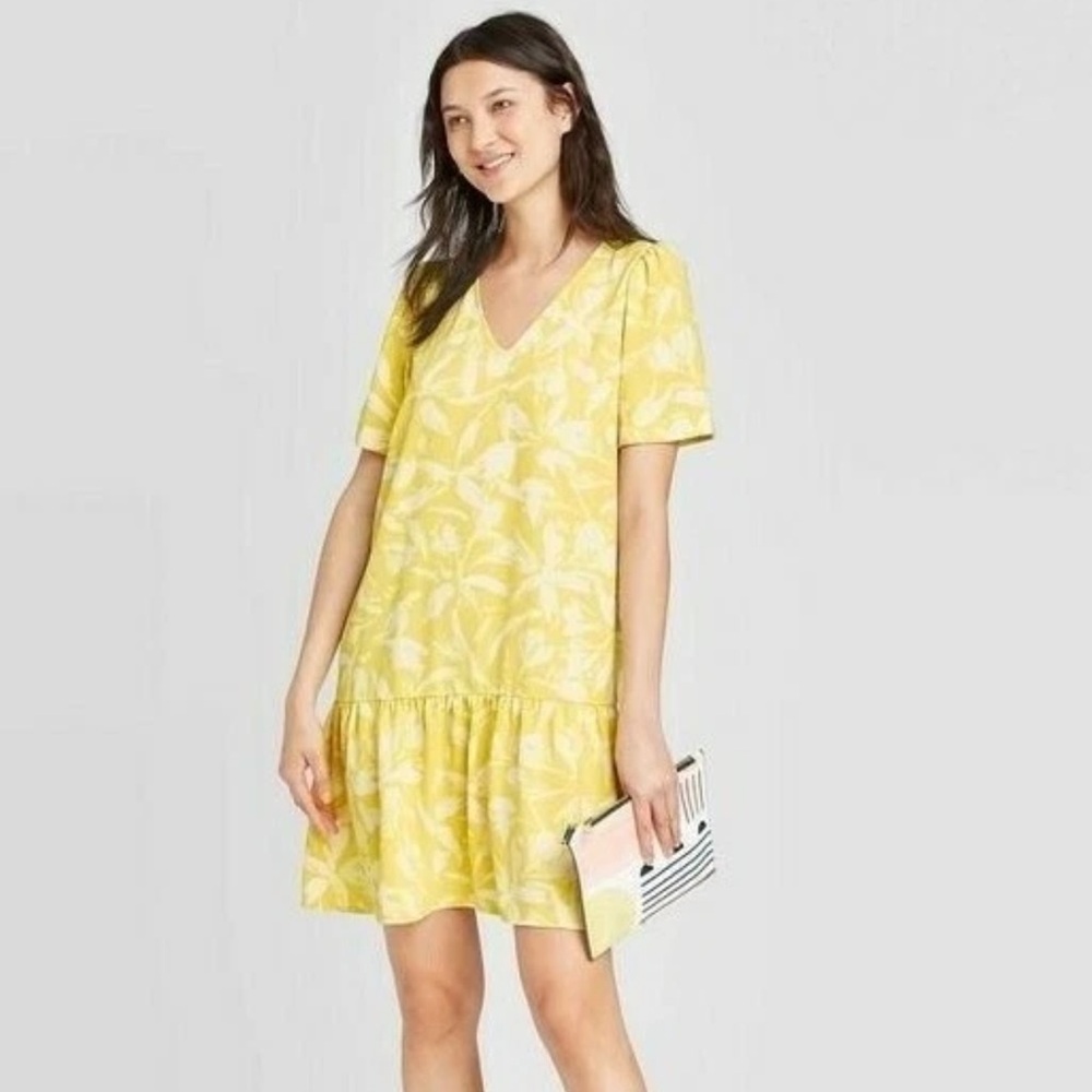 New Women's A New Day Yellow Floral Ruffle Hem Dress  LARGE